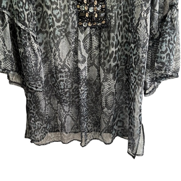 Embellished Animal Print Sheer Tunic Top Women’s Size XL Boho Peasant Dressy - Picture 3 of 16